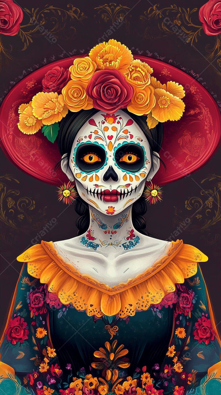 Mulher Catrina maquiagem Dia de los Muertos chapéu floral colorido vibrante