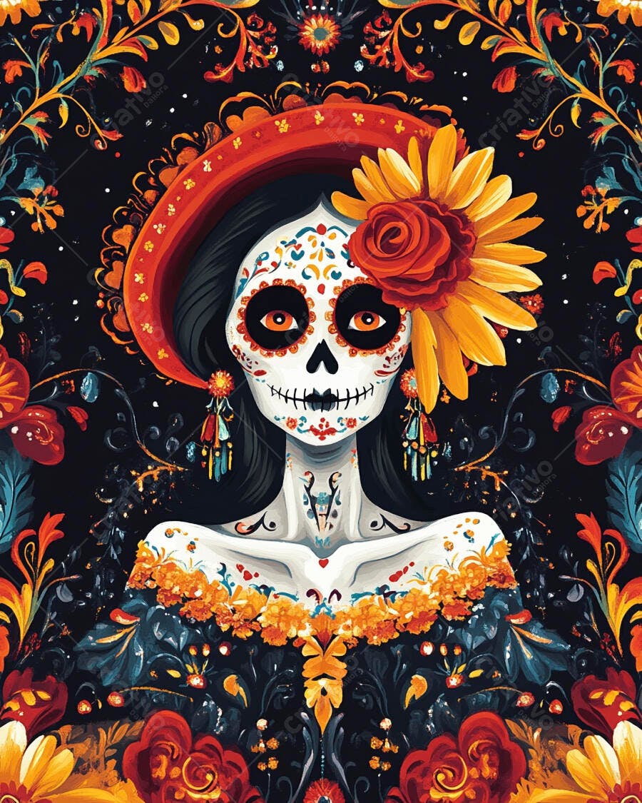 Mulher Calavera Catrina com maquiagem de caveira de açúcar e flores vibrantes