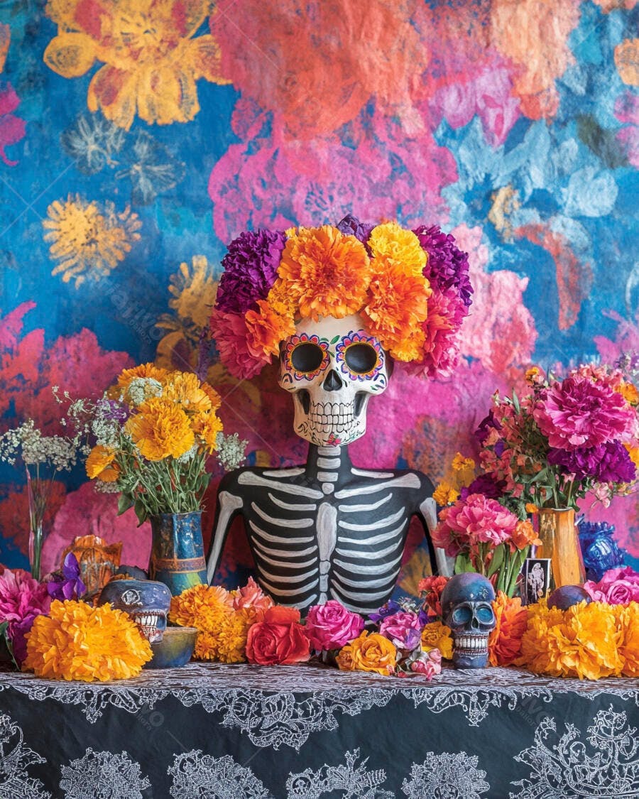 Esqueleto Catrina decorado com flores vibrantes para o Dia dos Mortos cores laranja roxo rosa azul amarelo