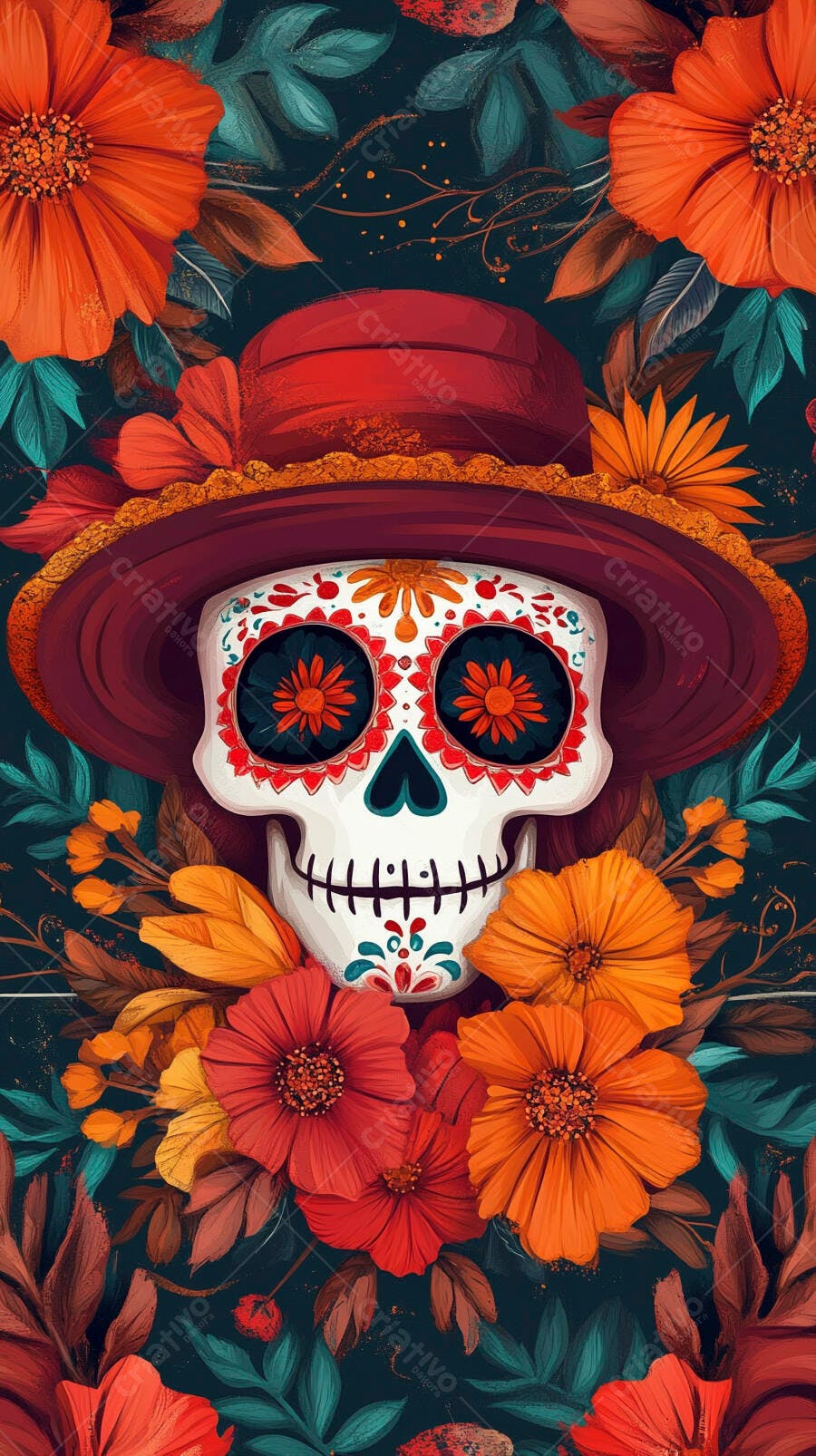 Crânio de açúcar mexicano com sombreiro vermelho e flores vibrantes para Dia dos Mortos