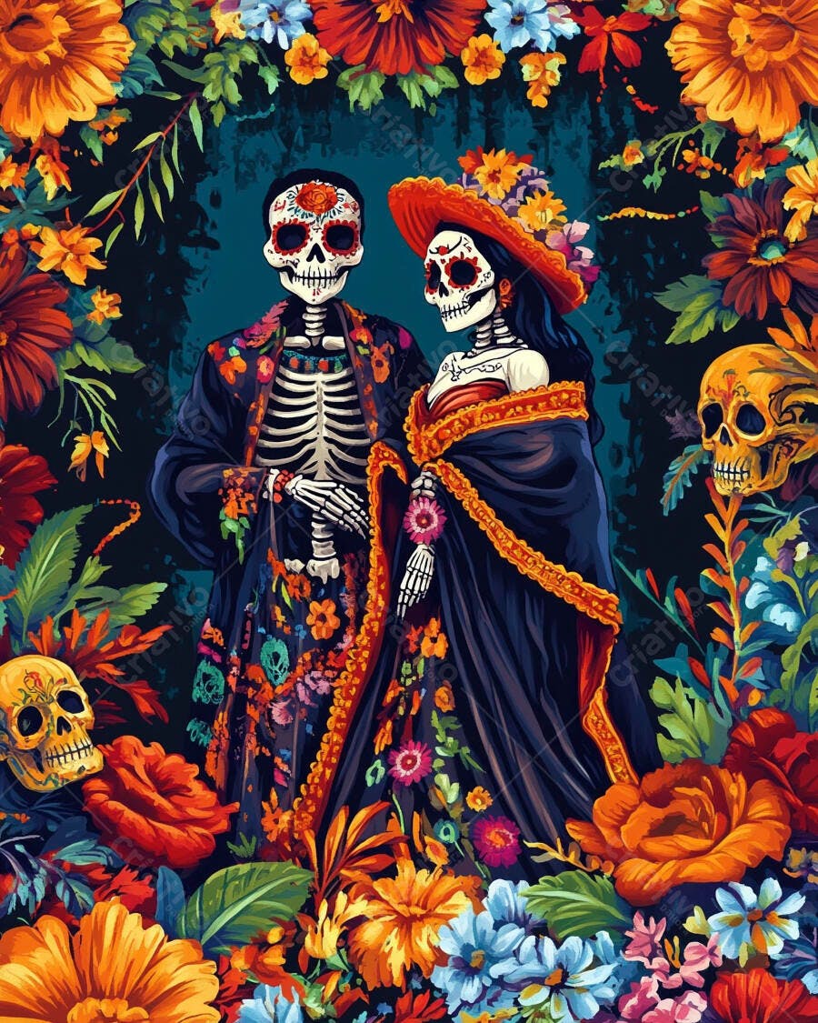 Casal de esqueletos Catrinas celebrando Dia dos Mortos com flores vibrantes