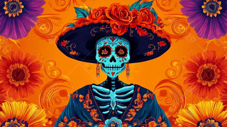 Calavera Catrina mexicana esqueleto azul com chapéu de rosas e flores vibrantes