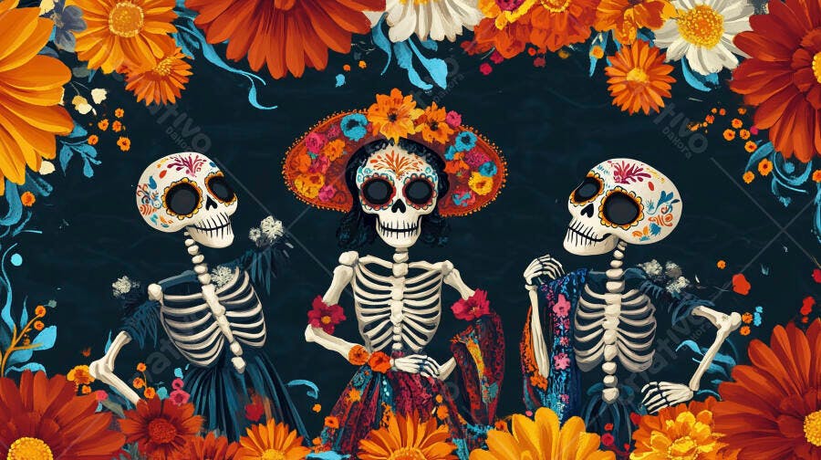 Três Calaveras Dia de los Muertos com flores vibrantes em fundo escuro