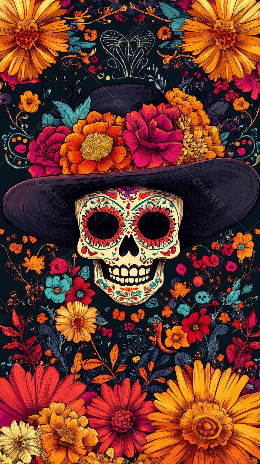 Calavera de açúcar com chapéu e flores vibrantes para o Dia dos Mortos celebração