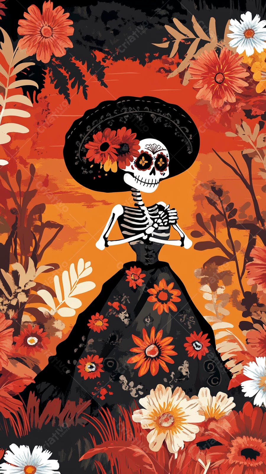Catrina elegante com chapéu e vestido floral celebrando Dia de los Muertos