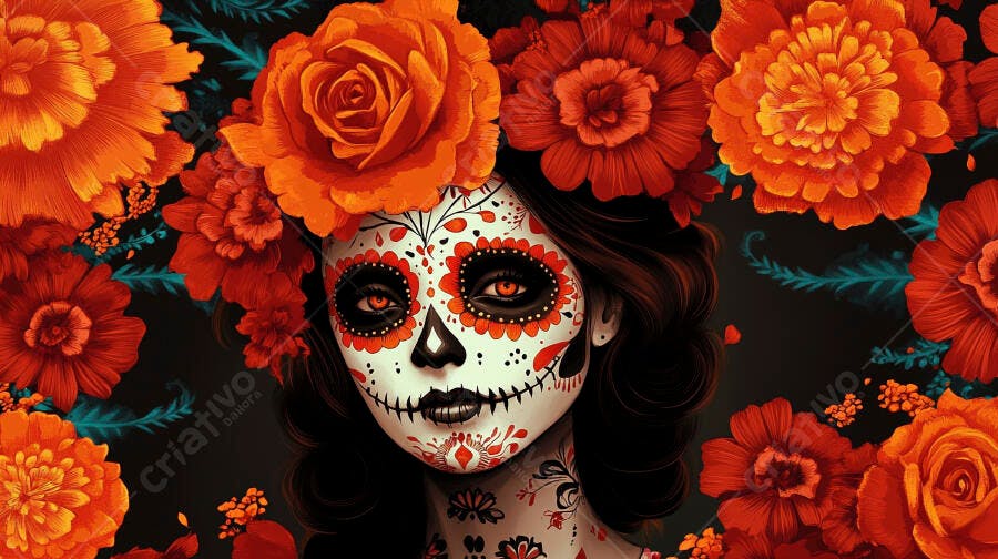 Mulher Calavera Catrina com maquiagem artística e flores vibrantes para Dia de los Muertos