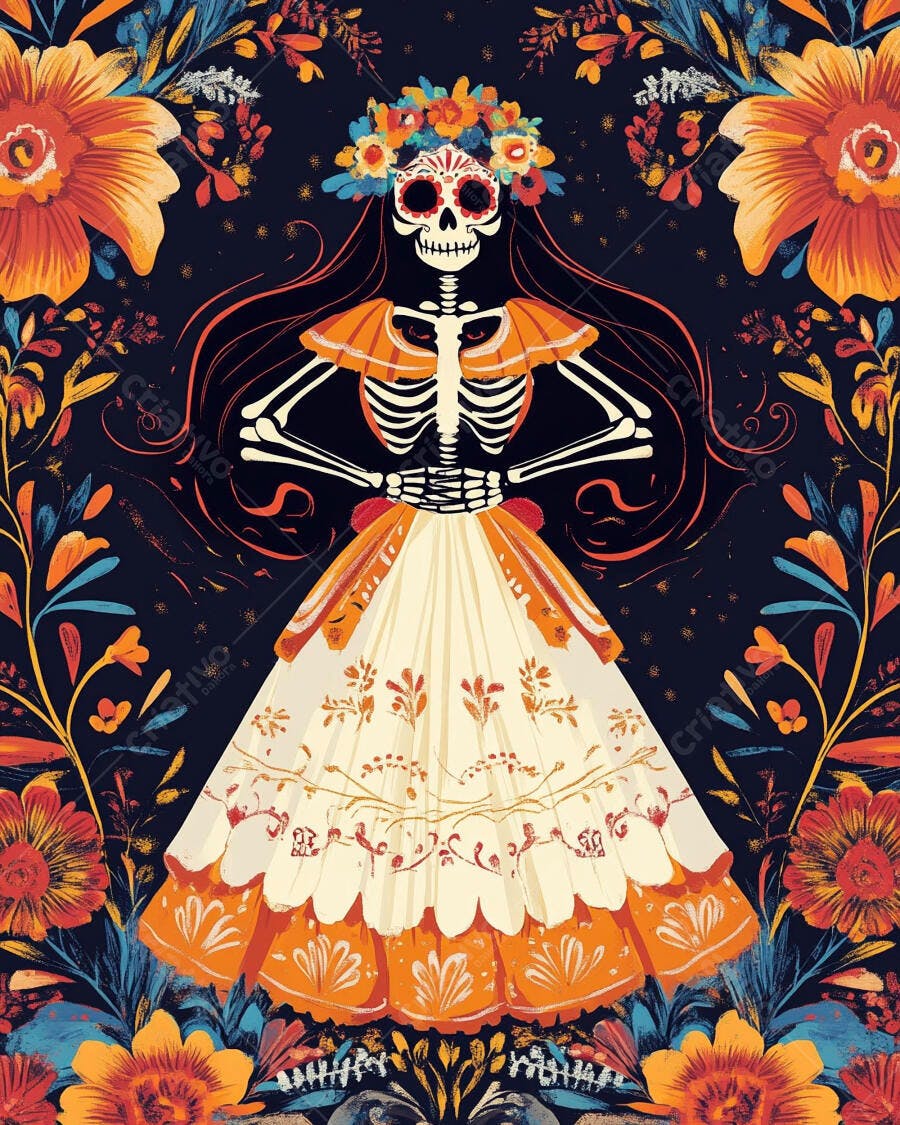 Calavera Catrina vestida com flores e caveira mexicana colorida celebra Dia dos Mortos