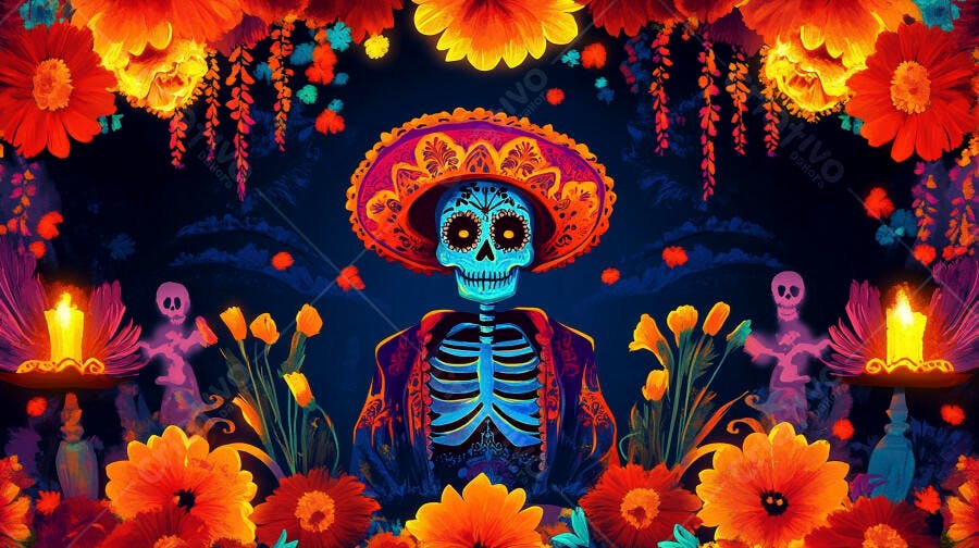 Calavera mexicana vibrante com sombrero e flores cempasúchil Dia dos Mortos