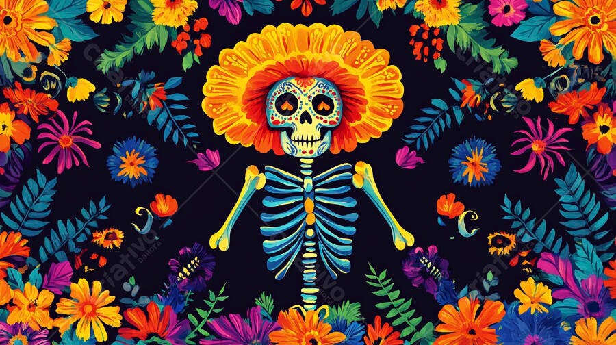 Esqueleto colorido estilo calavera em meio a flores vibrantes celebração Dia dos Mortos