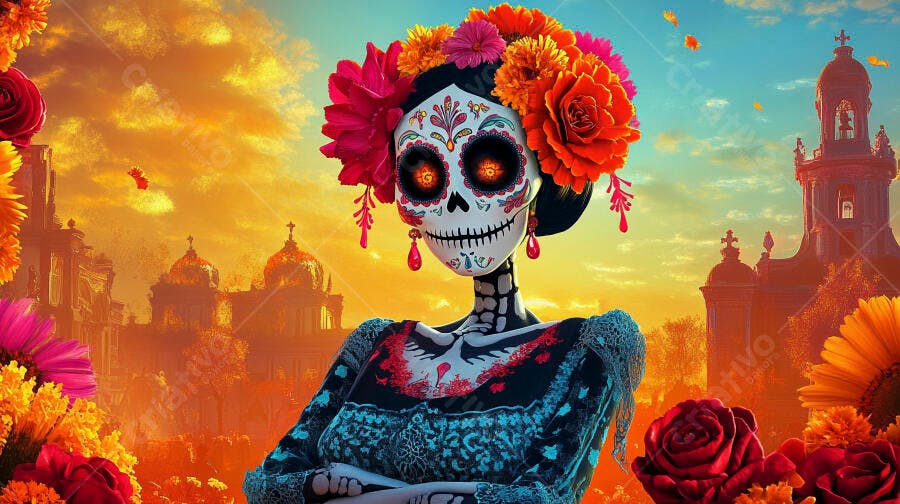Catrina colorida com flores vibrantes celebrando Dia dos Mortos ao entardecer
