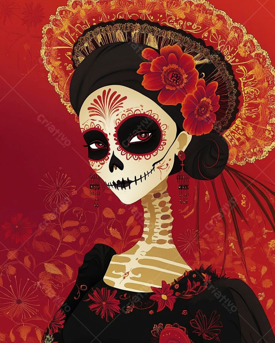 Mulher Catrina com maquiagem de caveira vermelha e flores para o Dia dos Mortos