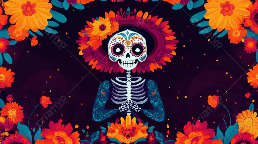 Calavera colorida Dia de Muertos coroa floral vibrante em fundo escuro