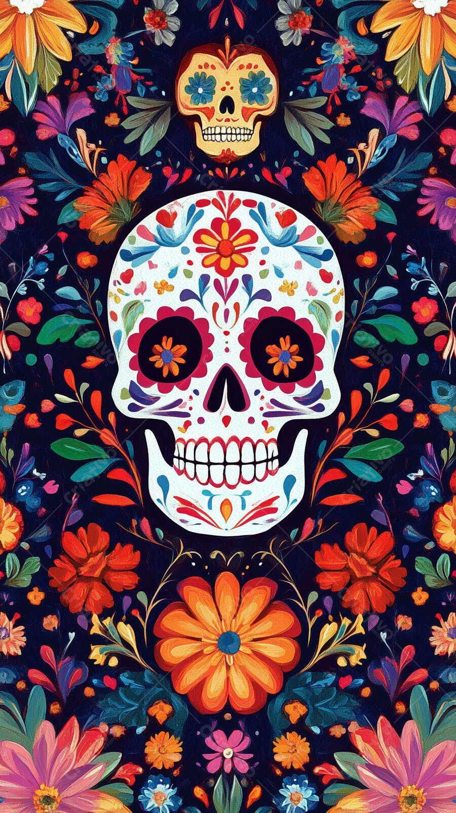 Calavera mexicana colorida com flores vibrantes para Dia de Muertos