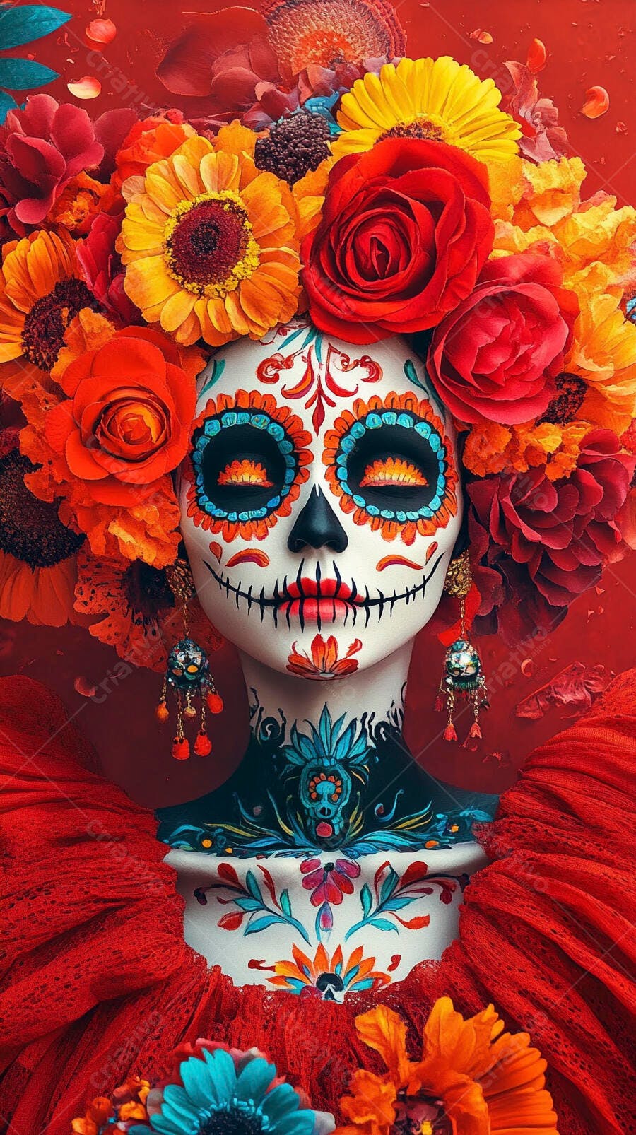 Mulher Catrina com maquiagem artística Día de Muertos e arranjo floral vibrante