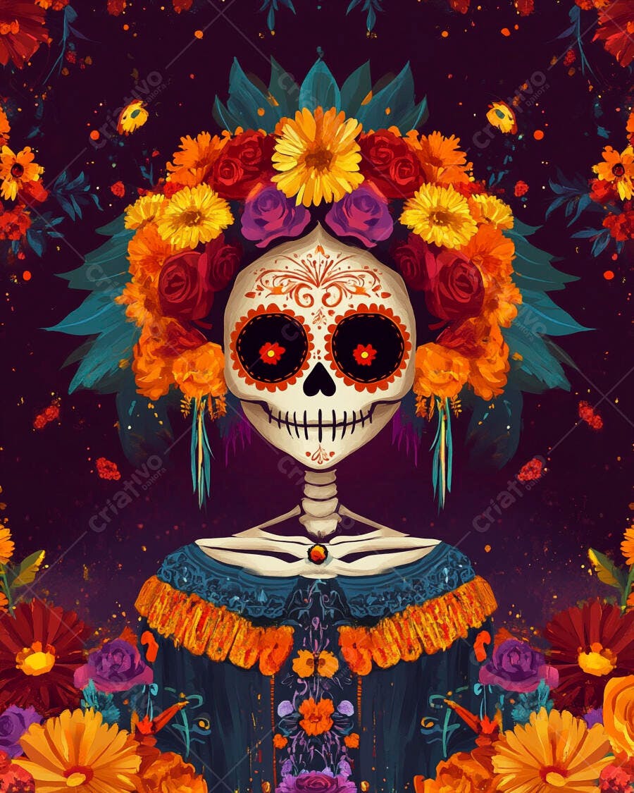 Calavera feminina com coroa de flores coloridas Dia de los Muertos