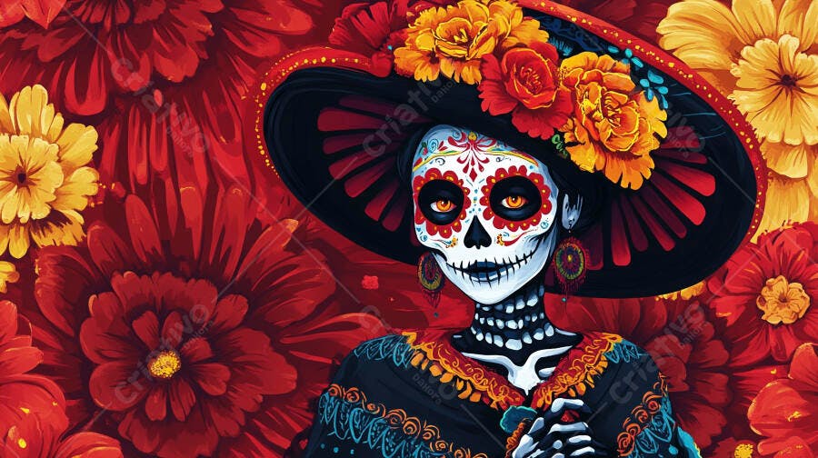Calavera Catrina chapéu floral vibrante fundo flores vermelhas Dia de los Muertos