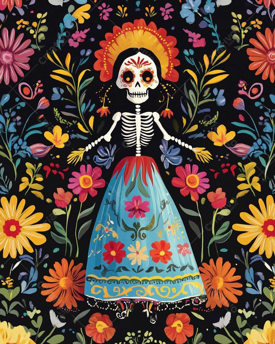 Calavera Catrina elegante com vestido azul floral e fundo florido vibrante
