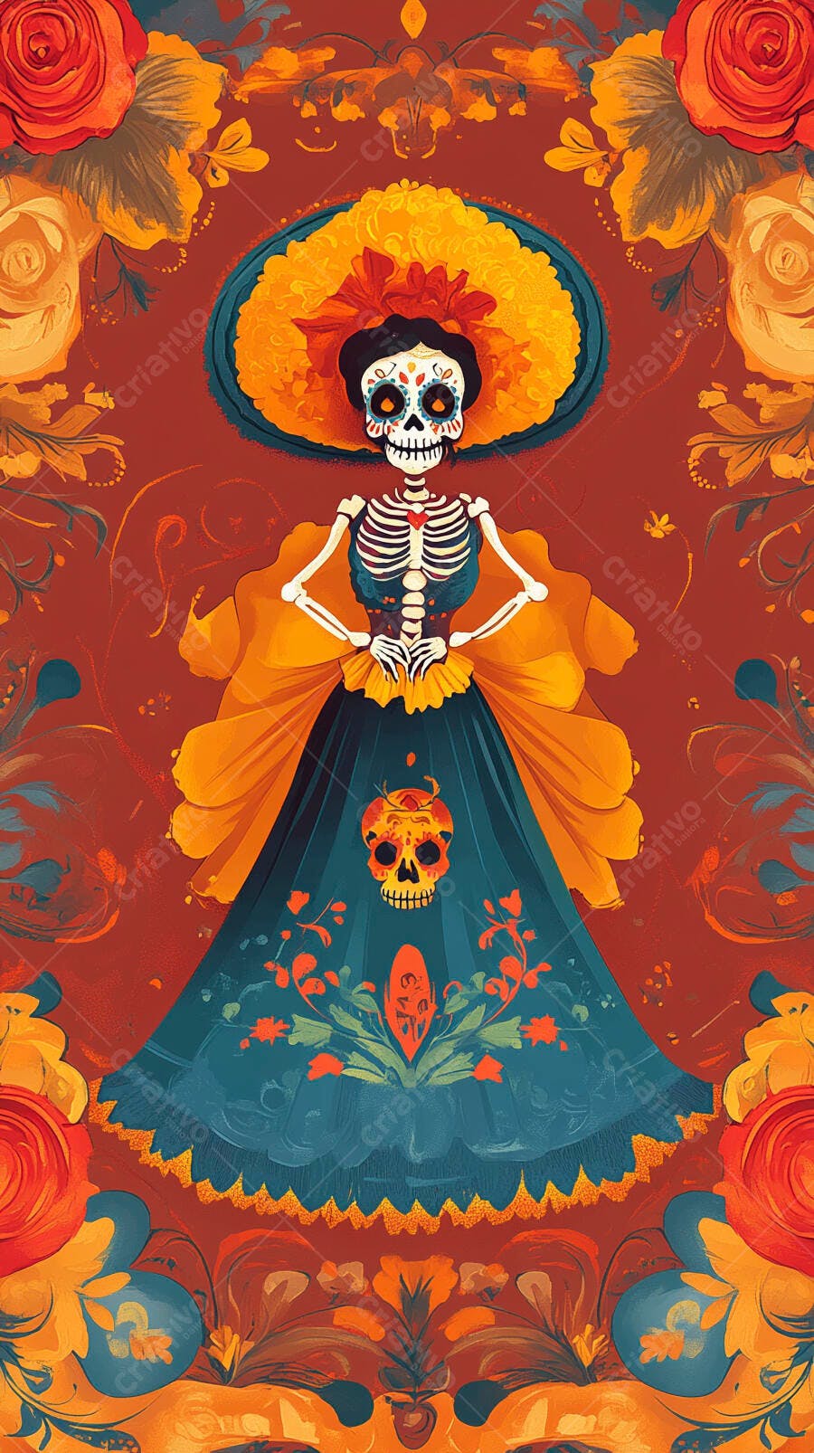 Catrina esqueleto em vestido azul e chapéu amarelo floral para Dia dos Mortos