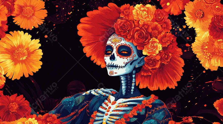 Calavera mexicana ornamental com flores laranja e vermelhas brilhantes Dia dos Mortos