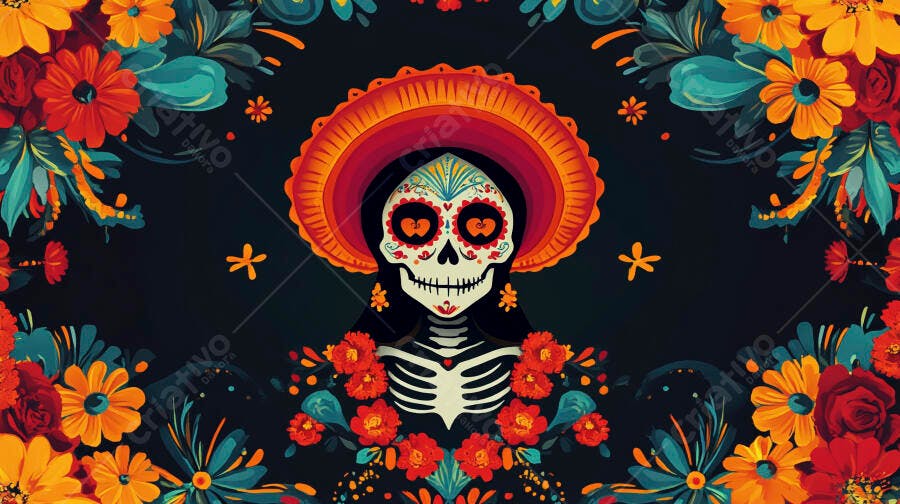 Calavera Catrina colorida com flores vibrantes e chapéu mexicano