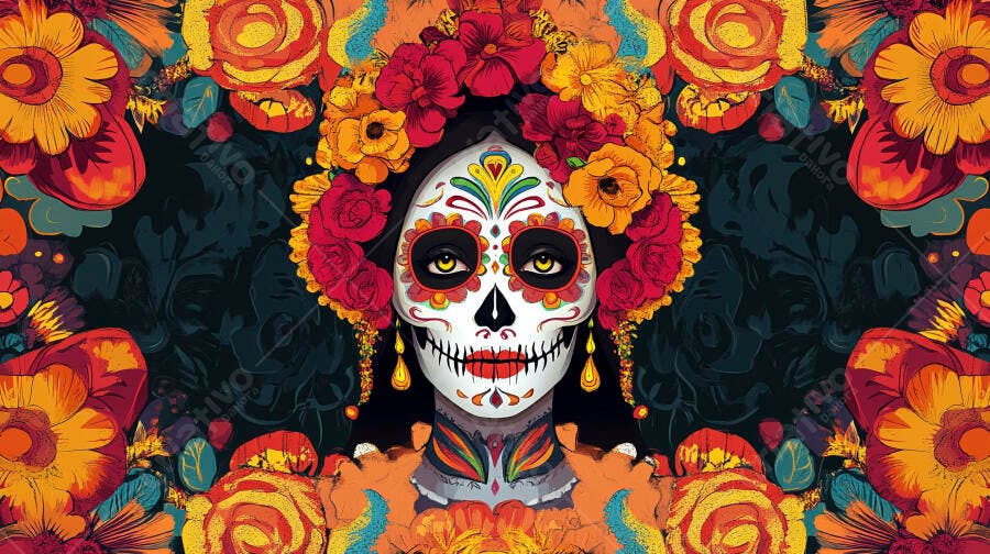 Catrina mexicana rosto caveira colorida com flores vibrantes Día de Muertos