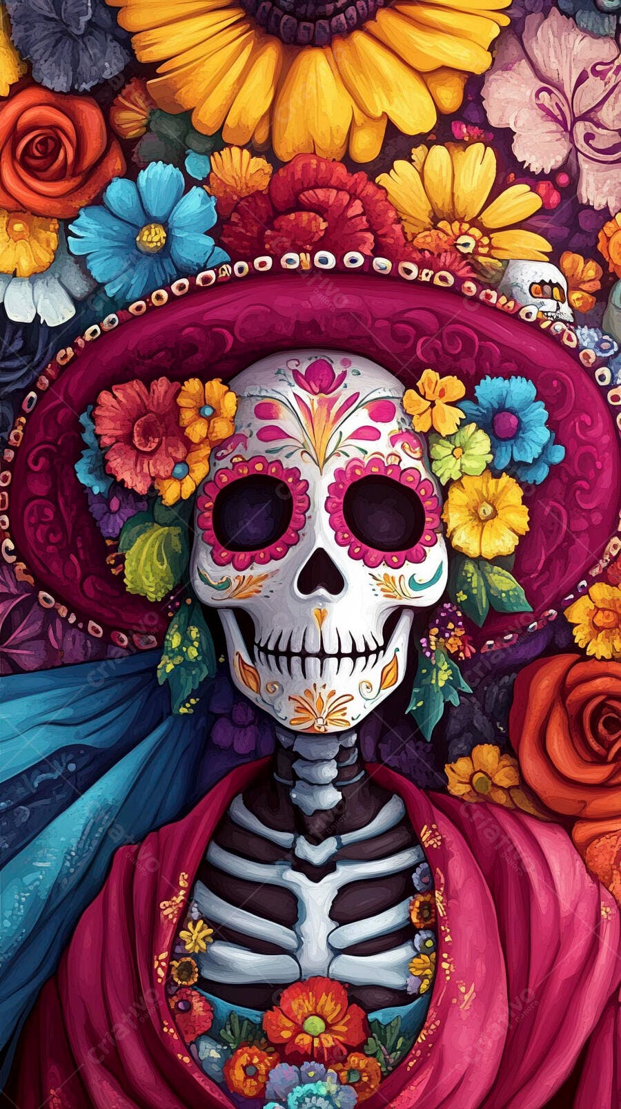Calavera Catrina colorida com chapéu floral vibrante Dia de Muertos