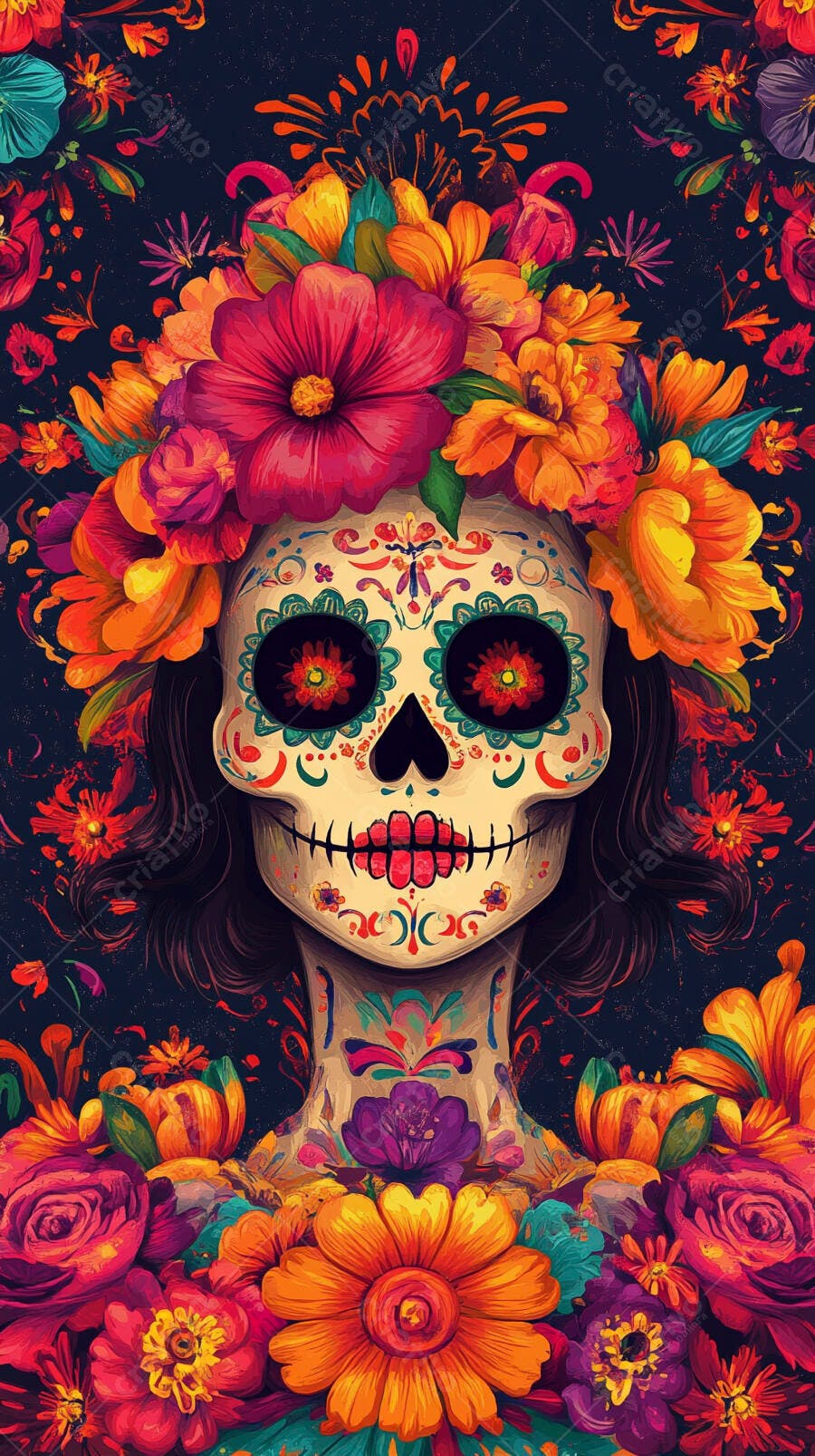 Calavera mexicana feminina com coroa de flores coloridas para Dia dos Mortos