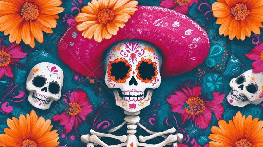 Caveira mexicana com sombrero rosa e flores vibrantes para o Dia de los Muertos