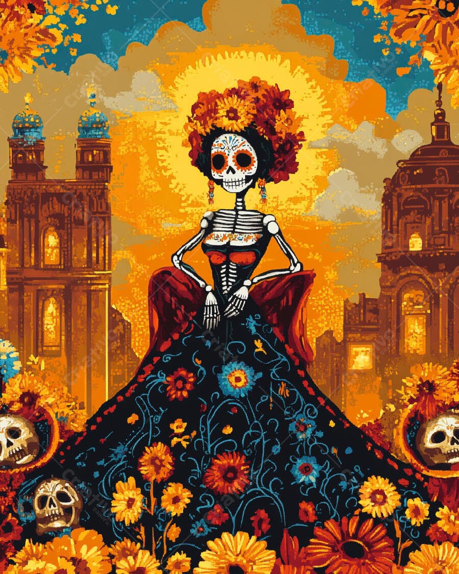 Calavera Catrina colorida em festa Dia de Muertos com flores vibrantes
