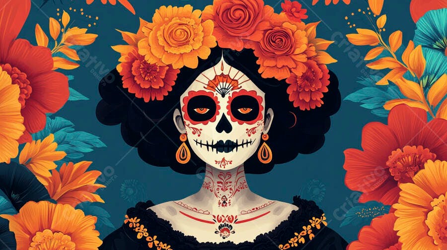 Mulher Catrina com maquiagem vibrante e coroa de flores no Dia de los Muertos