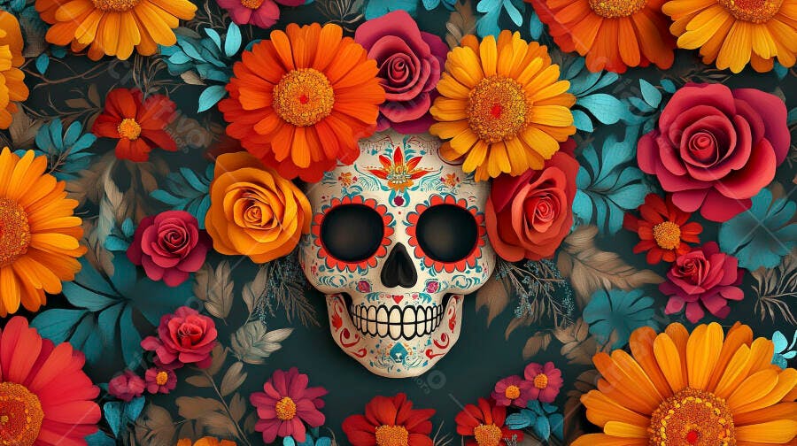 Calavera mexicana colorida cercada por flores vibrantes para o Dia dos Mortos