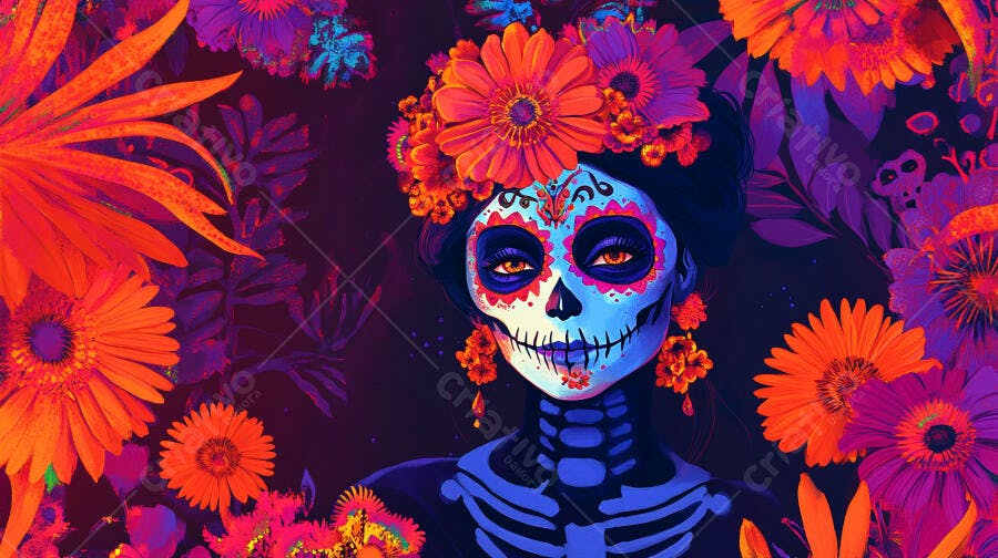 Mulher Calavera vibrante em maquiagem azul e flores laranja roxas Dia de Muertos