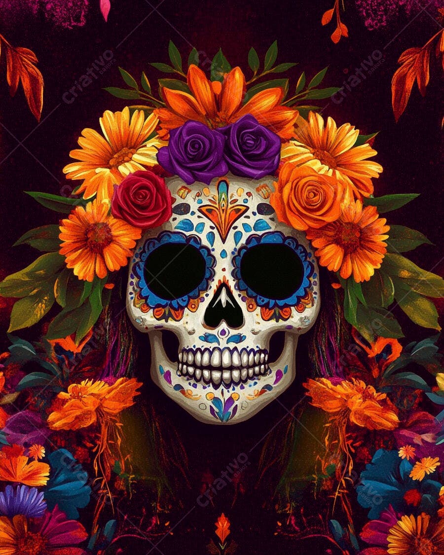 Calavera mexicana decorada com flores coloridas Dia de los Muertos