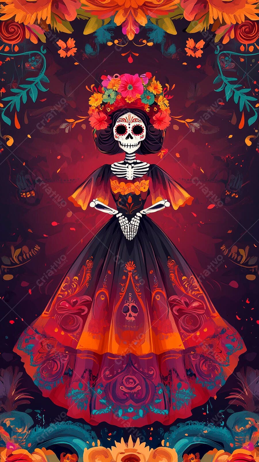 Catrina mexicana elegante com coroa de flores coloridas
