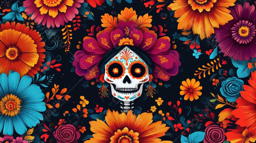 Caveira mexicana decorada com flores vibrantes para o Dia de los Muertos