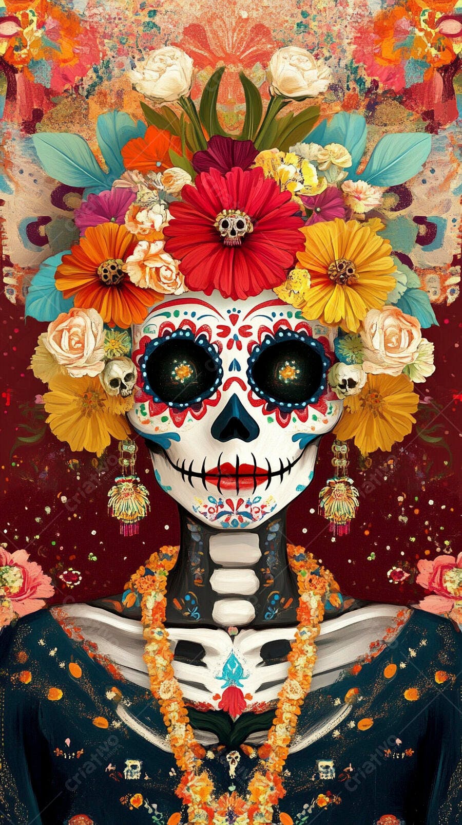 Calavera Catrina vibrante com coroa de flores e detalhes folclóricos mexicanos