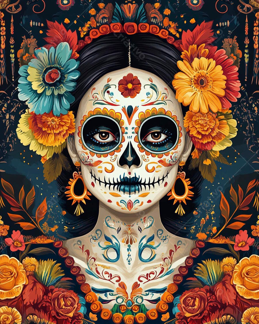 Mulher calavera colorida com flores vibrantes no Dia dos Mortos
