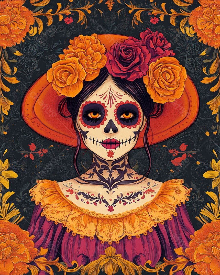 Mulher Calavera Catrina com chapéu de flores e maquiagem do Dia dos Mortos