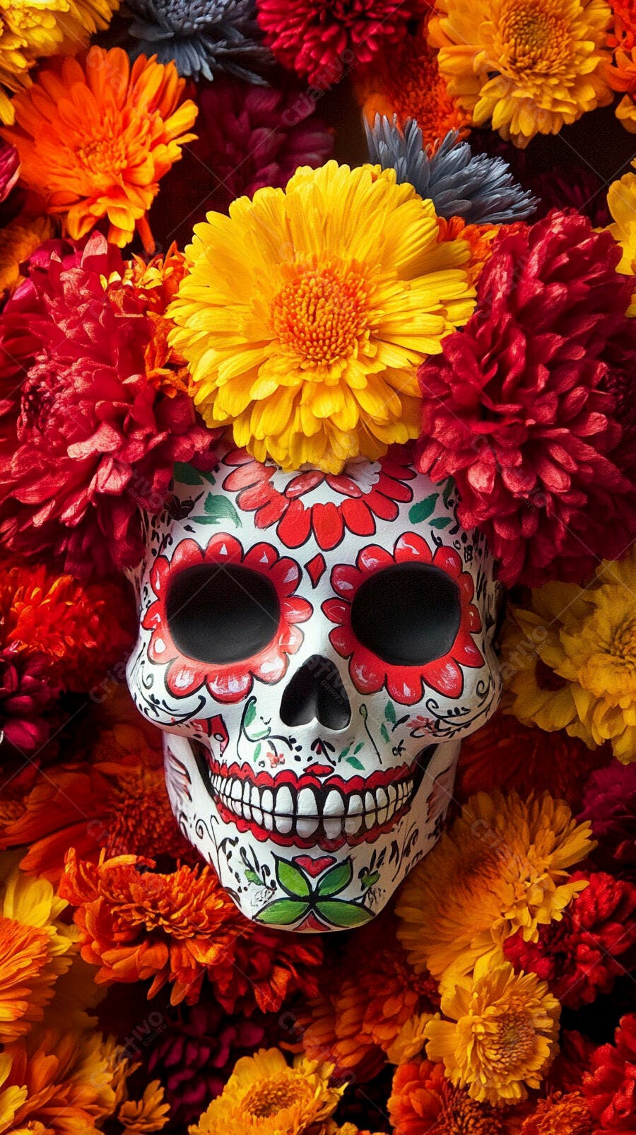 Caveira mexicana com flores coloridas para o Dia dos Mortos