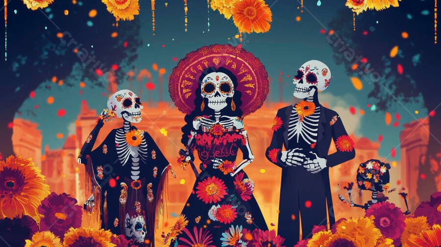Calaveras Catrinas mexicanas com flores vibrantes celebrando Dia de Muertos