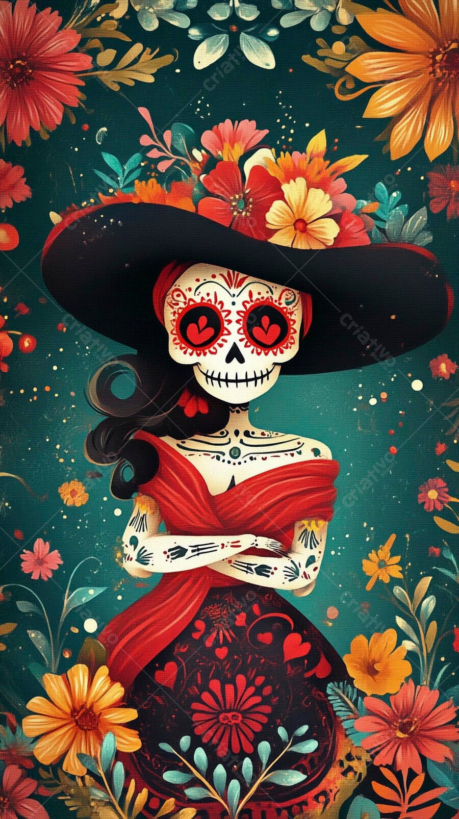 Calavera Catrina mulher esqueleto maquiagem colorida vestido vermelho e chapéu florido fundo teal