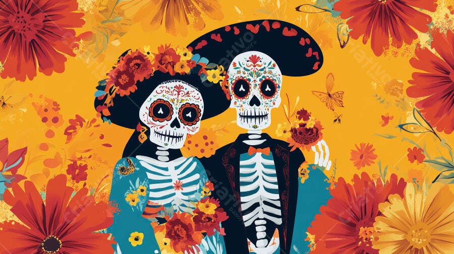Casal de caveiras mexicanas em festa do Dia de Muertos com chapéus e flores vibrantes