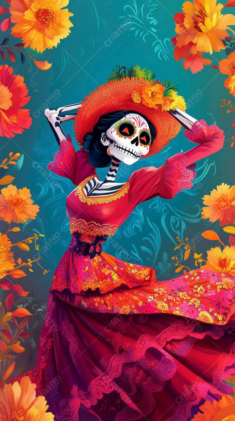 Calavera Catrina colorida em vestido rosa e chapéu floral para Dia dos Mortos