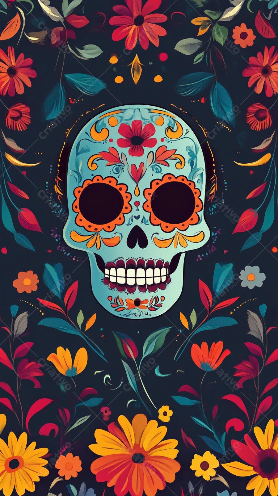 Crânio de açúcar azul vibrante com flores Dia de los Muertos