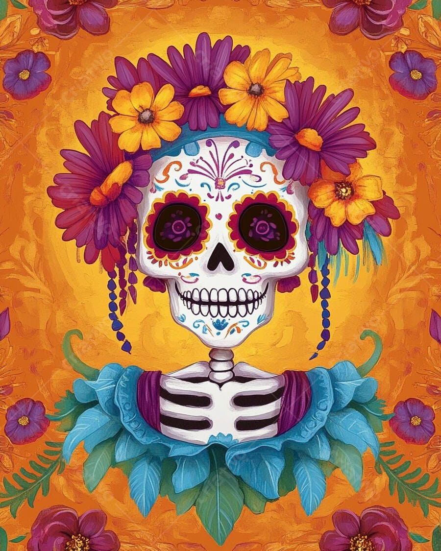 Caveira mexicana decorada com flores coloridas para Dia dos Mortos vibrante ilustração