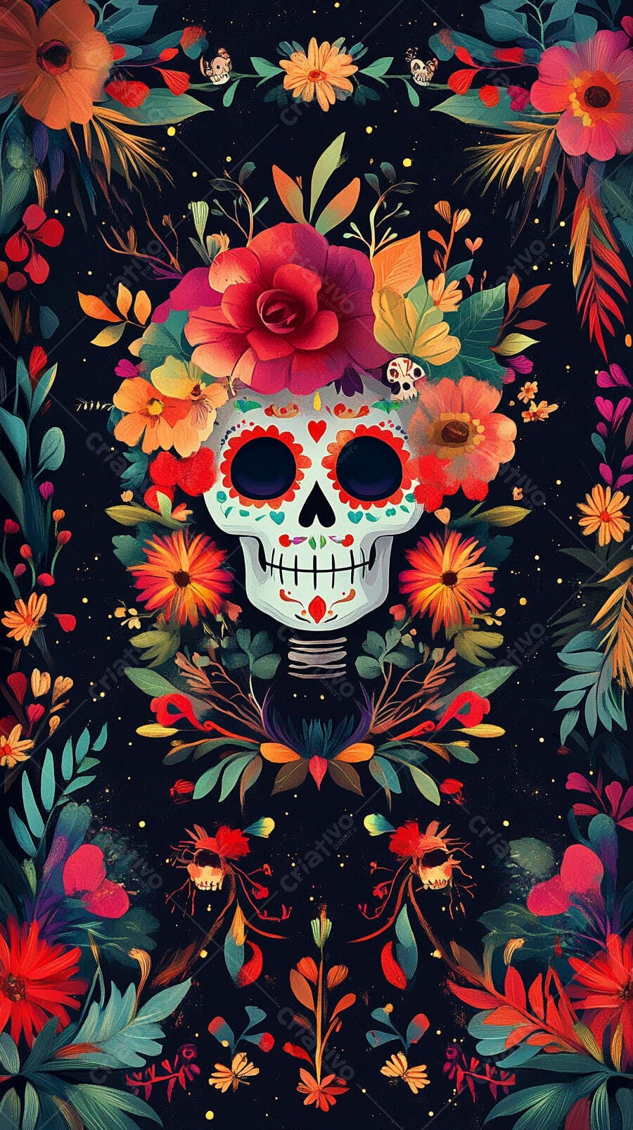 Calavera mexicana colorida com flores vibrantes e fundo escuro Dia de los Muertos