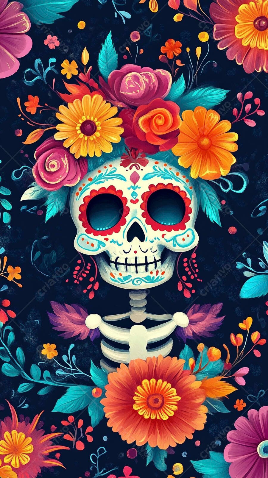 Caveira mexicana vibrante com flores coloridas fundo escuro arte digital