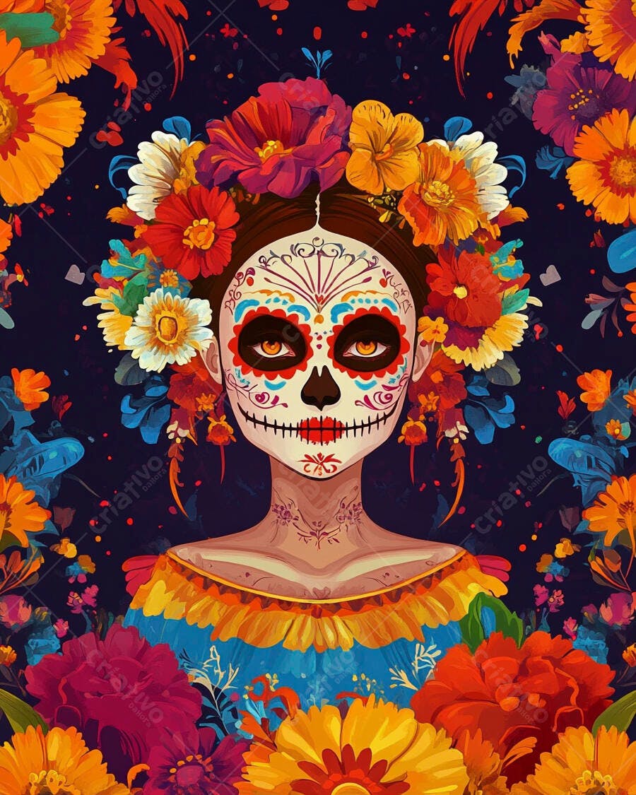 Mulher Catrina com maquiagem Dia dos Mortos e coroa floral vibrante em vestido colorido