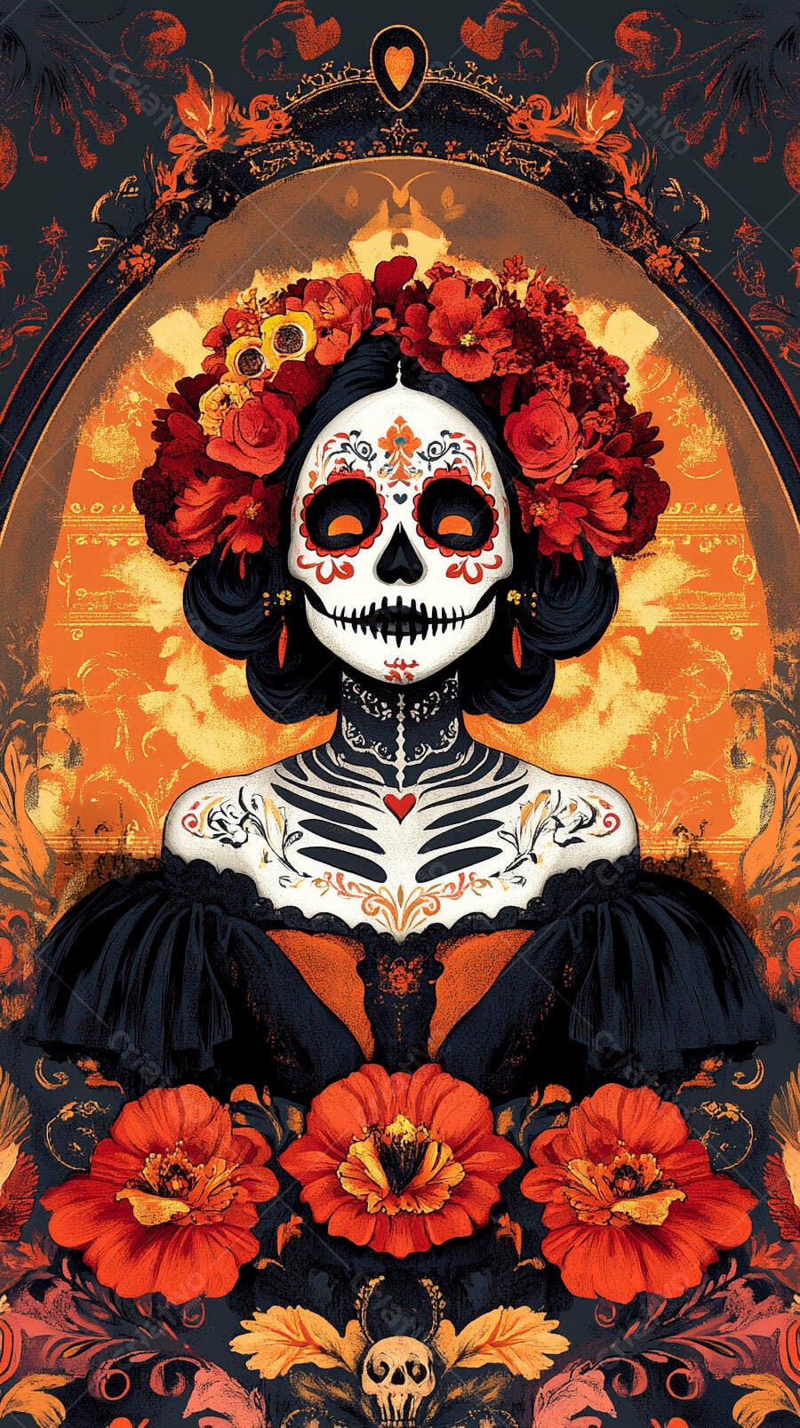 Calavera Catrina mexicana com coroa de flores vermelhas e laranjas Dia de Muertos
