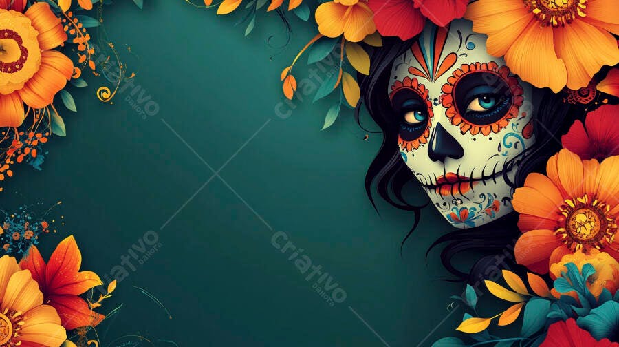 Calavera Catrina colorida com flores vibrantes e fundo teal para Dia de los Muertos